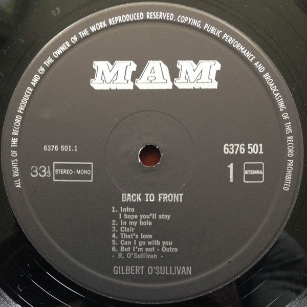 Gilbert O'Sullivan : Back To Front (LP, Album)