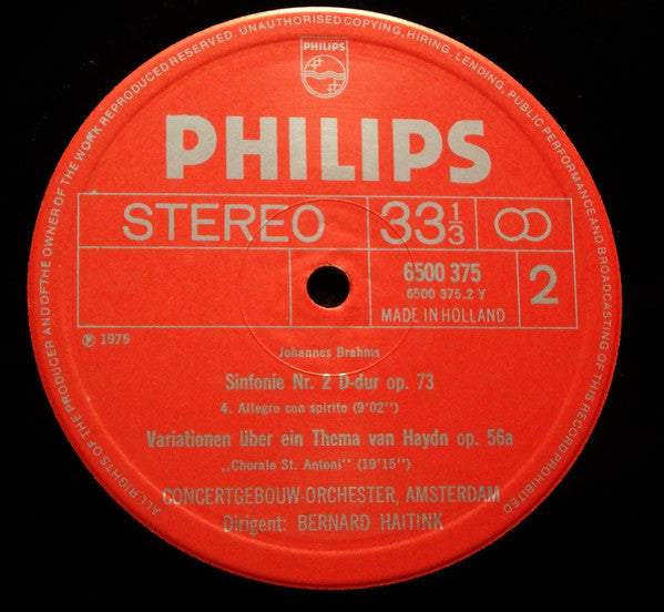 Johannes Brahms, Concertgebouworkest, Bernard Haitink : Sinfonie Nr.2 · Variationen Über Ein Thema Von Haydn Op. 56a (LP, RE)