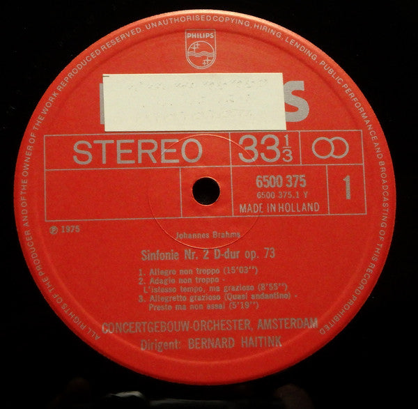 Johannes Brahms, Concertgebouworkest, Bernard Haitink : Sinfonie Nr.2 · Variationen Über Ein Thema Von Haydn Op. 56a (LP, RE)