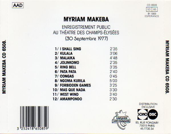 Miriam Makeba : Enregistrement Public Au Theatre Des Champs Elysees (CD)