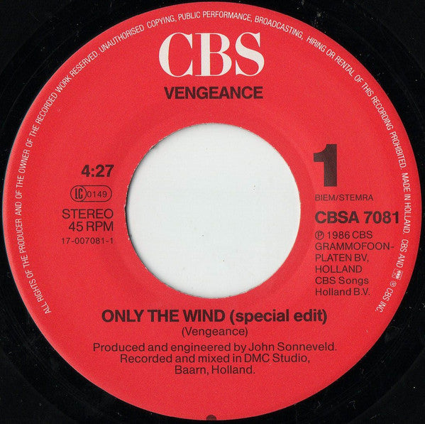 Vengeance (3) : Only The Wind (Special Remix) (7", Single)
