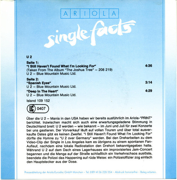 U2 : I Still Haven't Found What I'm Looking For (7", Single)