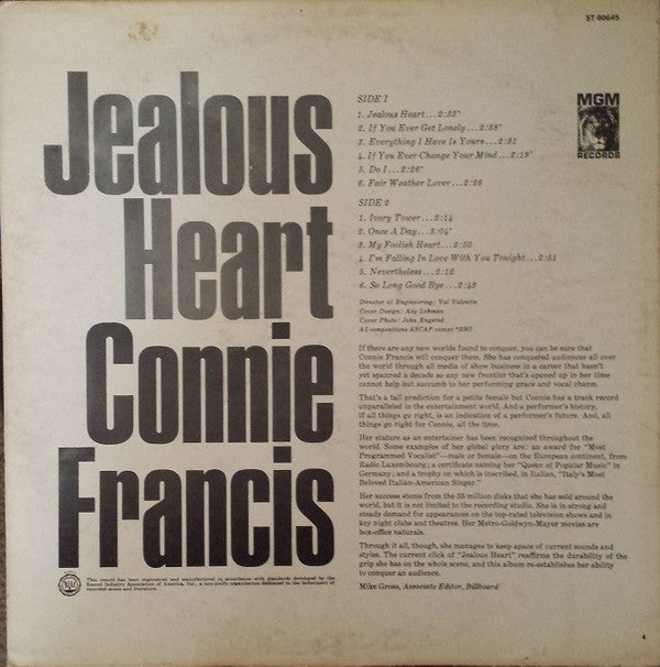 Connie Francis : Jealous Heart (LP, Album, Club)