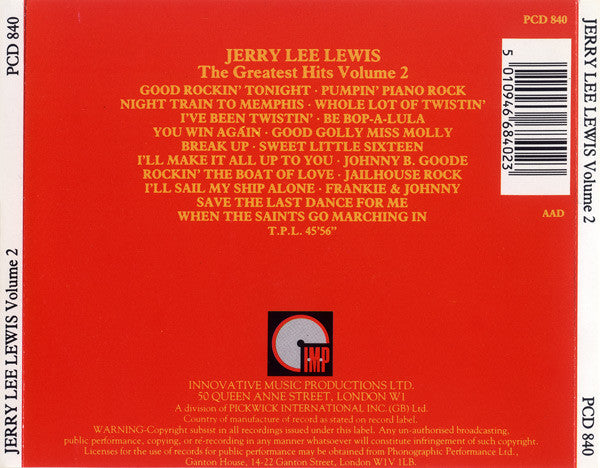 Jerry Lee Lewis : The Greatest Hits Vol. 2 (CD, Comp)