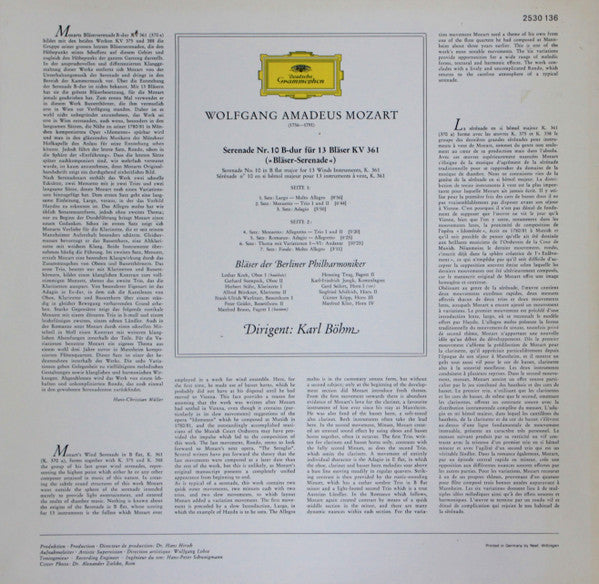 Wolfgang Amadeus Mozart, Blasorchester der Berliner Philharmoniker, Karl Böhm : Serenade Für 13 Bläser KV 361 (LP)