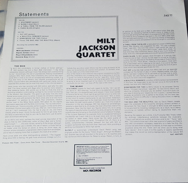 The Milt Jackson Quartet : Statements (LP, Album, RE)