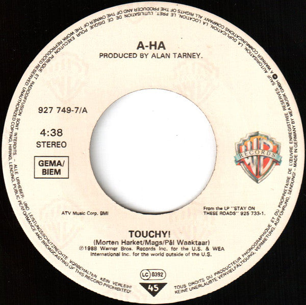 a-ha : Touchy! (7", Single)