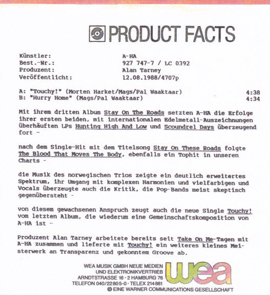 a-ha : Touchy! (7", Single)