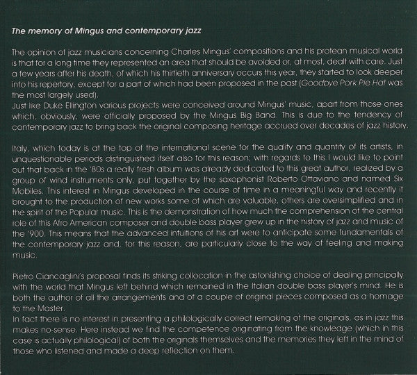 Pietro Ciancaglini : Reincarnation Of A Lovebird - Homage To Charles Mingus (CD, Album)