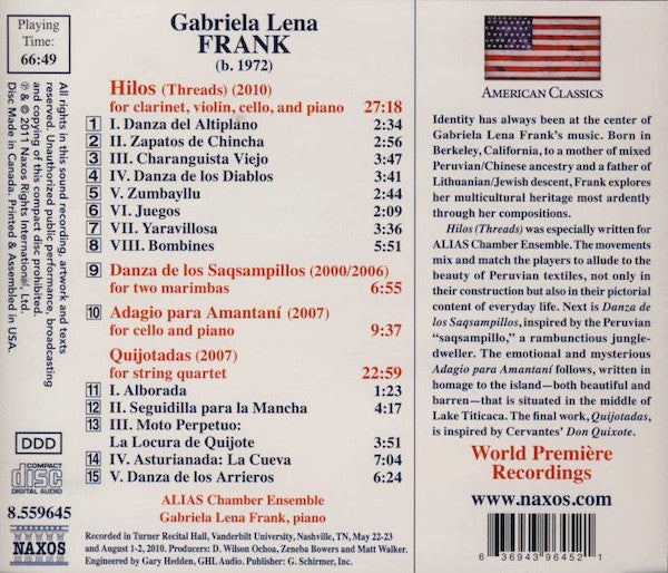 Gabriela Lena Frank, ALIAS Chamber Ensemble : Hilos (Threads) / Danza De Los Saqsampillos / Adagio Para Amantaní / Quijotadas (CD, Album)