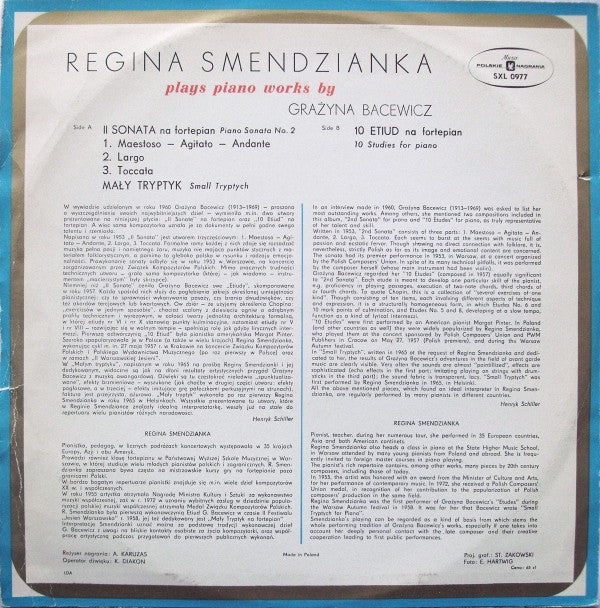Regina Smendzianka - Grażyna Bacewicz : Regina Smendzianka Plays Piano Works By Grażyna Bacewicz (LP)