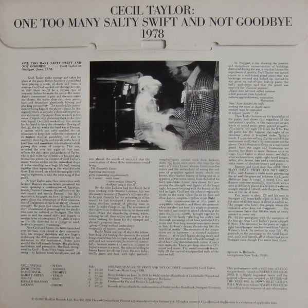 Cecil Taylor : One Too Many Salty Swift And Not Goodbye (3xLP, Album, RE + Box)