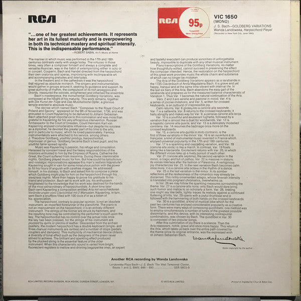 Johann Sebastian Bach - Wanda Landowska : Goldberg Variations (LP, Mono, RE)
