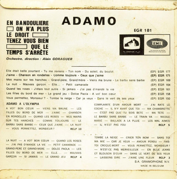 Adamo : En Bandoulière / On N'A Plus Le Droit / Tenez Vous Bien / Que Le Temps S'arrête (7", EP)