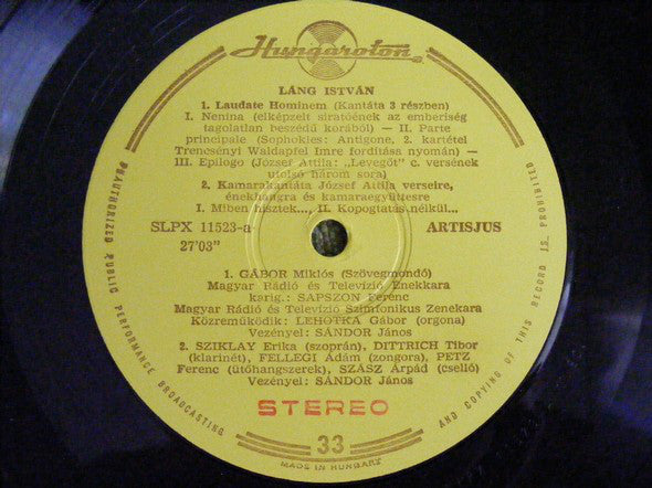 Lang István : Laudate Hominem Cantata / Chamber Cantata / Musica Funebre / Monodia Per Clarinetto Solo / Quartetto D'archi No. 2  (LP)