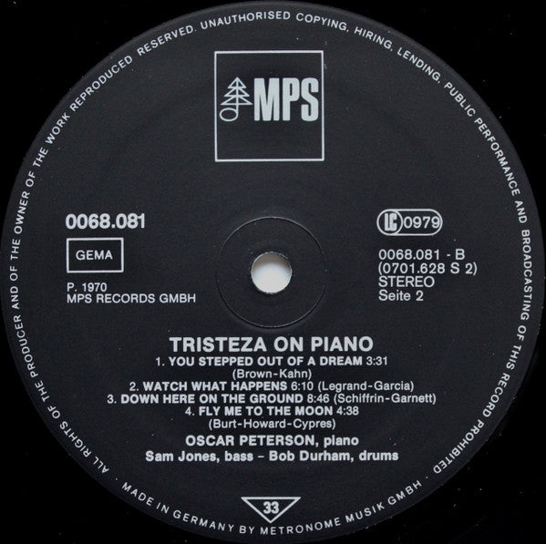 The Oscar Peterson Trio : Tristeza On Piano (LP, Album, RE, Gat)