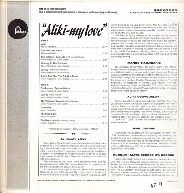 Manos Hadjidakis : Original Motion Picture Sound Track "Aliki-my Love" (LP)