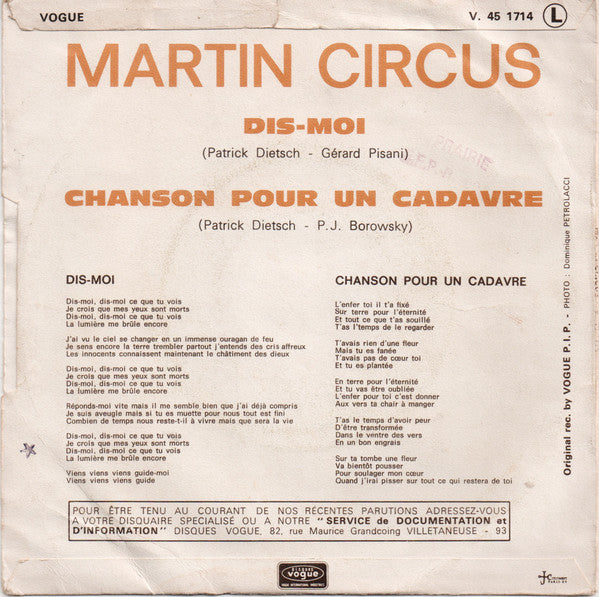 Martin Circus : Dis-Moi (7", Single)