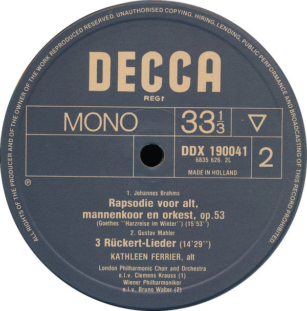 Johannes Brahms, Kathleen Ferrier : Altrapsodie (LP, Comp, Mono)