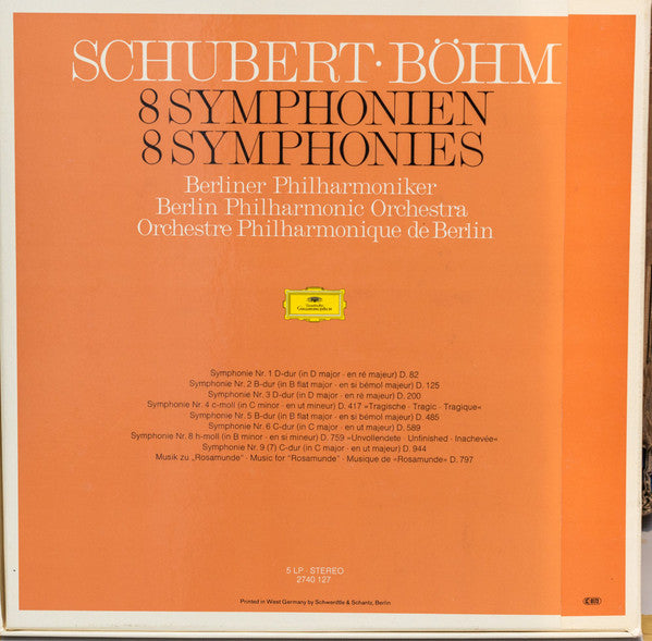Franz Schubert – Berliner Philharmoniker ∙ Karl Böhm : 8 Symphonien ∙ Musik Zu Rosamunde (5xLP + Box, Comp, RE)