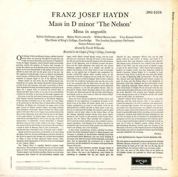 Joseph Haydn - Sylvia Stahlman, Helen Watts, Wilfred Brown, Tom Krause, The King's College Choir Of Cambridge, London Symphony Orchestra, David Willcocks : The Nelson Mass (LP, RP)