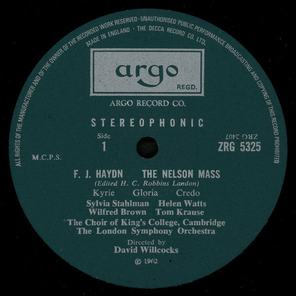Joseph Haydn - Sylvia Stahlman, Helen Watts, Wilfred Brown, Tom Krause, The King's College Choir Of Cambridge, London Symphony Orchestra, David Willcocks : The Nelson Mass (LP, RP)