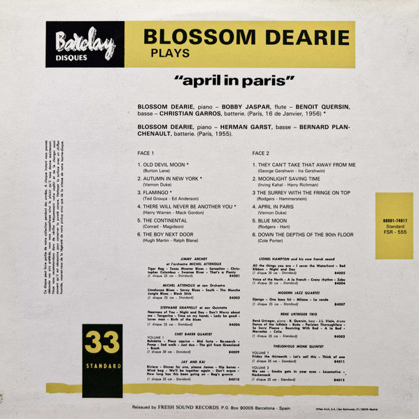Blossom Dearie Featuring Bobby Jaspar : Blossom Dearie Plays "April In Paris" (LP, Album)