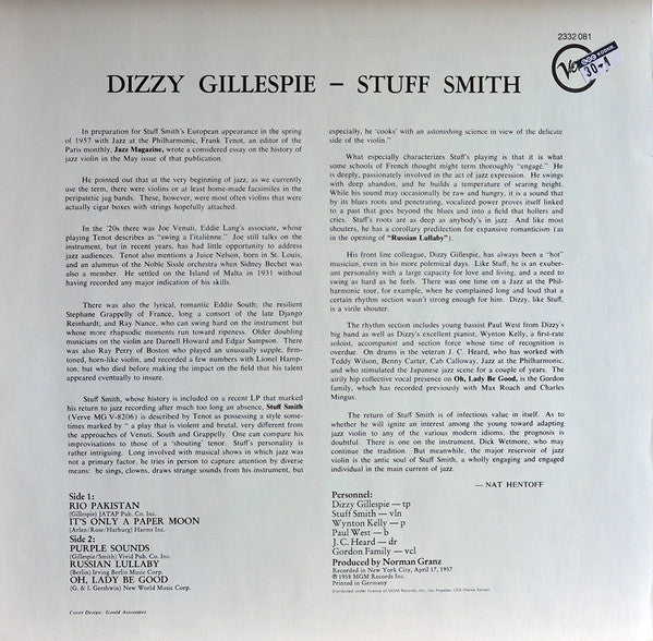 Dizzy Gillespie And Stuff Smith : Dizzy Gillespie And Stuff Smith (LP, Album, Mono, RE)