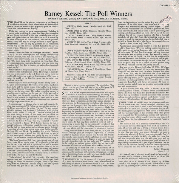 Barney Kessel With Shelly Manne, Ray Brown : The Poll Winners (LP, Album, RE)