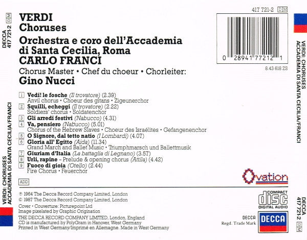 Giuseppe Verdi, Orchestra dell'Accademia Nazionale di Santa Cecilia E Coro dell'Accademia Nazionale di Santa Cecilia, Carlo Franci : Verdi Choruses (CD, Album, RM)