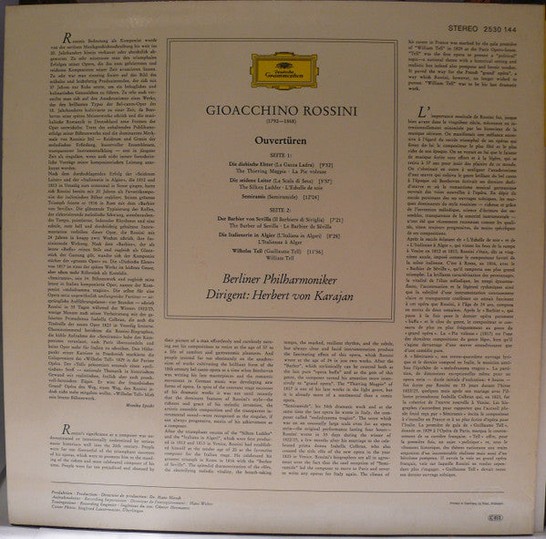 Gioacchino Rossini - Berliner Philharmoniker · Herbert von Karajan : Ouvertüren (LP, RE)