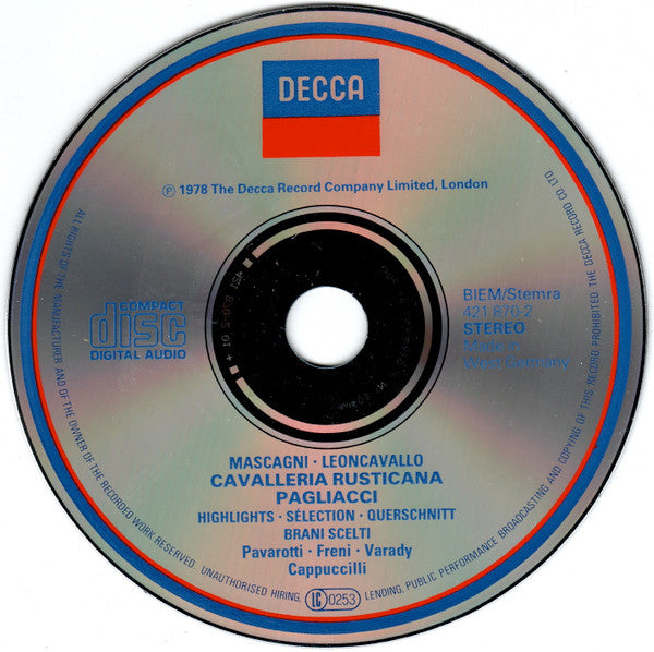 Luciano Pavarotti, Pietro Mascagni, Ruggiero Leoncavallo, Mirella Freni, Iulia Várady, Ingvar Wixell, Piero Cappuccilli, Giuseppe Patanè, Gianandrea Gavazzeni : Cavalleria Rusticana & Pagliacci Highlights (CD, Album, RM)