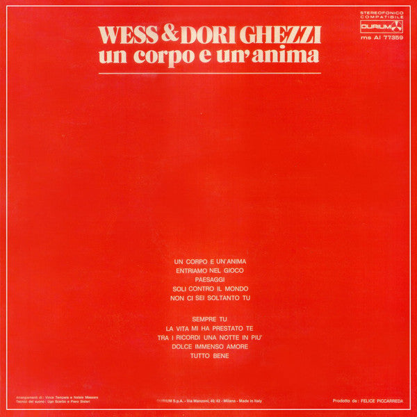 Wess And Dori Ghezzi : Un Corpo E Un'Anima (LP, Album)