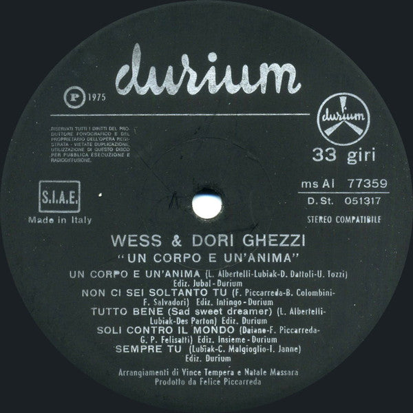 Wess And Dori Ghezzi : Un Corpo E Un'Anima (LP, Album)