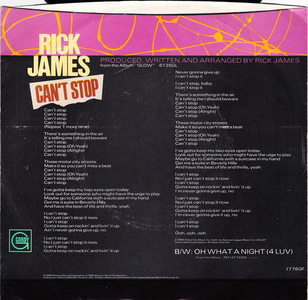 Rick James : Can't Stop / Oh What A Night (4 Luv) (7")