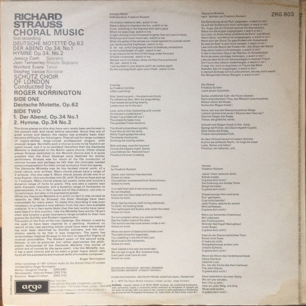 Richard Strauss - The Schütz Choir Of London, Roger Norrington : Deutsche Motette, Op. 62 / Der Abend, Op. 34 No. 1 / Hymne, Op. 34 No. 2 (LP)