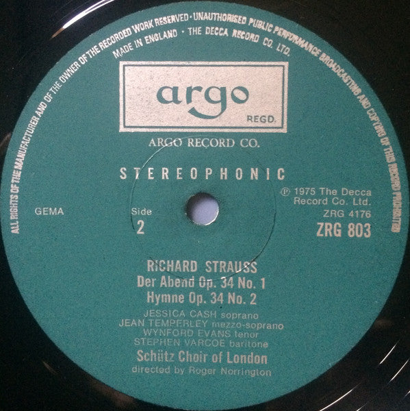Richard Strauss - The Schütz Choir Of London, Roger Norrington : Deutsche Motette, Op. 62 / Der Abend, Op. 34 No. 1 / Hymne, Op. 34 No. 2 (LP)