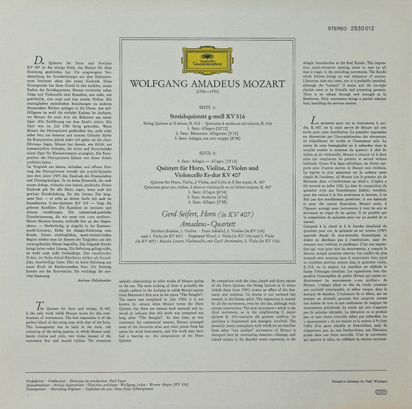 Wolfgang Amadeus Mozart, Gerd Seifert, Amadeus-Quartett, Cecil Aronowitz : Streichquintett G-Moll KV 516 Hornquintett ES-Dur KV 407 (LP)