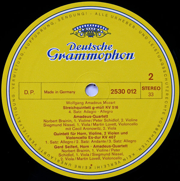 Wolfgang Amadeus Mozart, Gerd Seifert, Amadeus-Quartett, Cecil Aronowitz : Streichquintett G-Moll KV 516 Hornquintett ES-Dur KV 407 (LP)