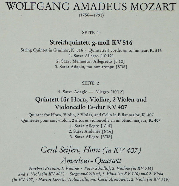 Wolfgang Amadeus Mozart, Gerd Seifert, Amadeus-Quartett, Cecil Aronowitz : Streichquintett G-Moll KV 516 Hornquintett ES-Dur KV 407 (LP)
