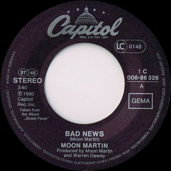 Moon Martin : Bad News (7", Single)