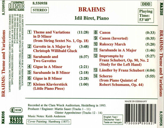 Johannes Brahms - Idil Biret : Theme And Variations (CD, Album)