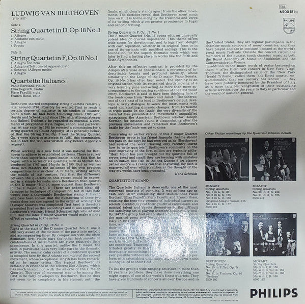 Ludwig van Beethoven, Quartetto Italiano : String Quartets Op. 18 Nos. 1 And 3 (LP)