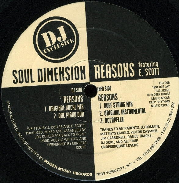Soul Dimension* Featuring E. Scott* : Reasons (12")