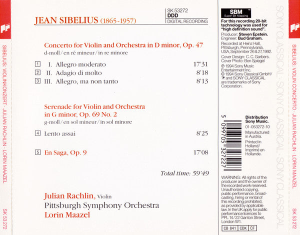 Jean Sibelius - Julian Rachlin, Lorin Maazel, Pittsburgh Symphony Orchestra : Violin Concerto / En Saga / Serenade For Violin & Orchestra, Op. 69 No.2 (CD, Album)