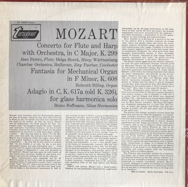 Wolfgang Amadeus Mozart, Jean Patero, Helga Storck, Helmuth Rilling, Bruno Hoffmann : Concerto For Flute And Harp, K. 299 / Fantasia For Mechanical Organ, K. 608 / Adagio For Glass Harmonica Solo, K. 617a (LP, Album)