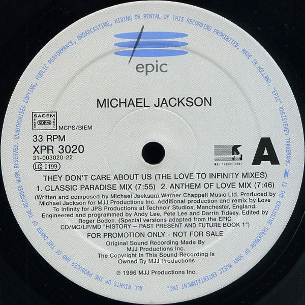Michael Jackson : They Don't Care About Us (The Love To Infinity Mixes) (12", Promo)