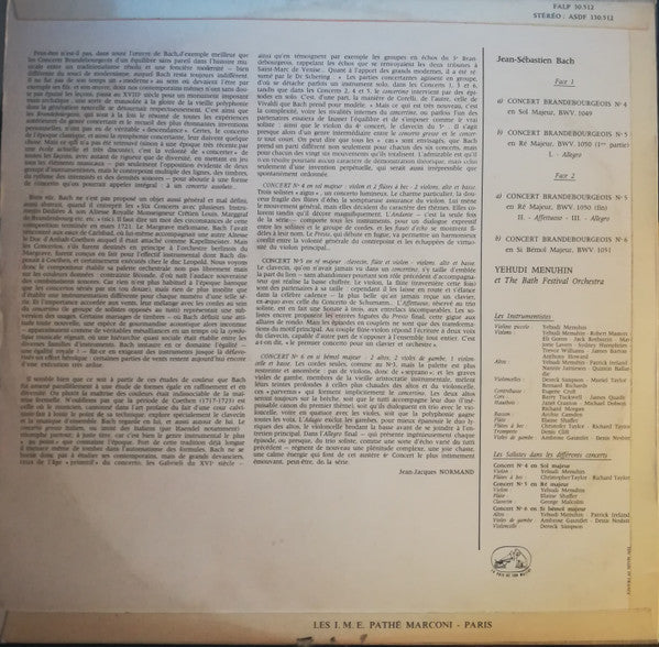 Johann Sebastian Bach, Yehudi Menuhin, Bath Festival Orchestra : Concerts Brandebourgeois Nos 4,5 & 6 (LP)