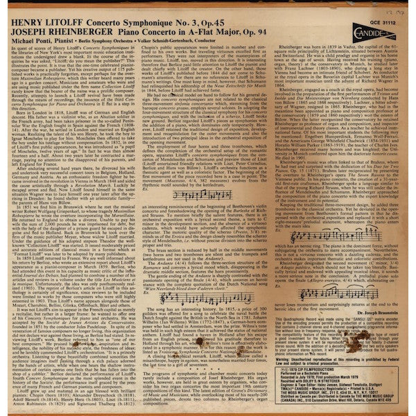 Henry Litolff / Josef Rheinberger - Michael Ponti, Berliner Symphoniker, Volker Schmidt-Gertenbach : Concerto Symphonique No. 3 / Piano Concerto In A-Flat Major (LP, Quad)