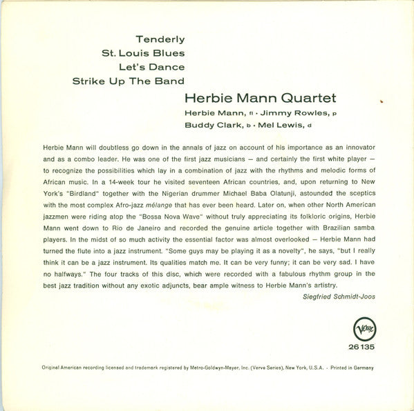 Herbie Mann : St. Louis Blues / Let's Dance / Tenderly / Strike Up The Band (7", EP)